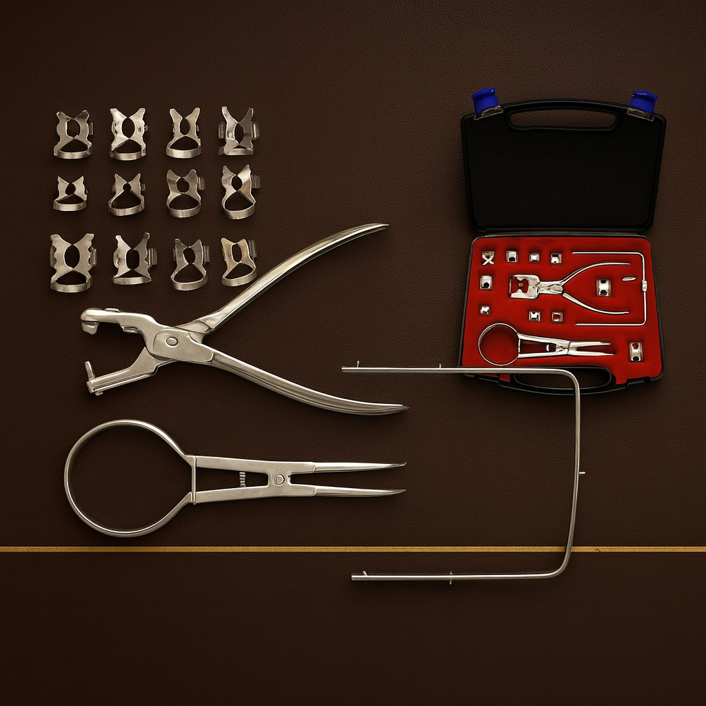 surgical steel rubber dam kit with ainsworth forceps and 12 winged clamps — Dental Bench