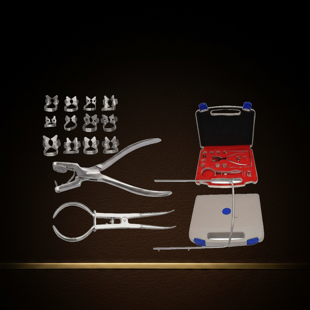 surgical steel rubber dam kit with ainsworth forceps and 12 winged clamps — Dental Bench
