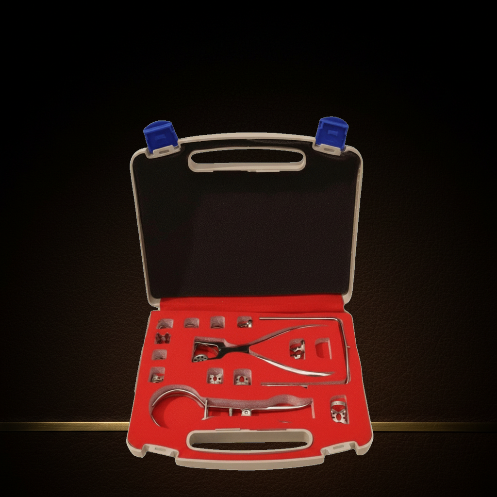 surgical steel rubber dam kit with ainsworth forceps and 12 winged clamps — Dental Bench