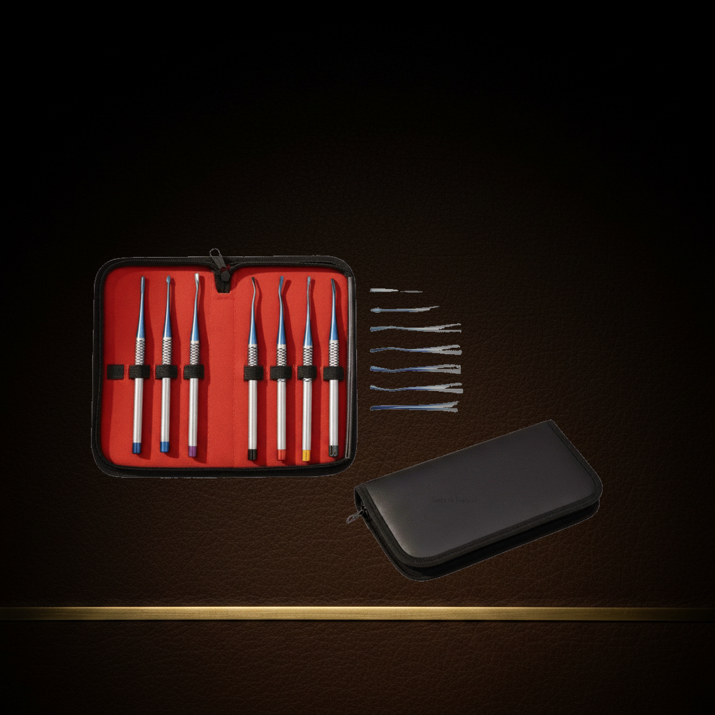 7 piece luxating elevator set with titanium nitride coated micro serrated tips — Dental Bench