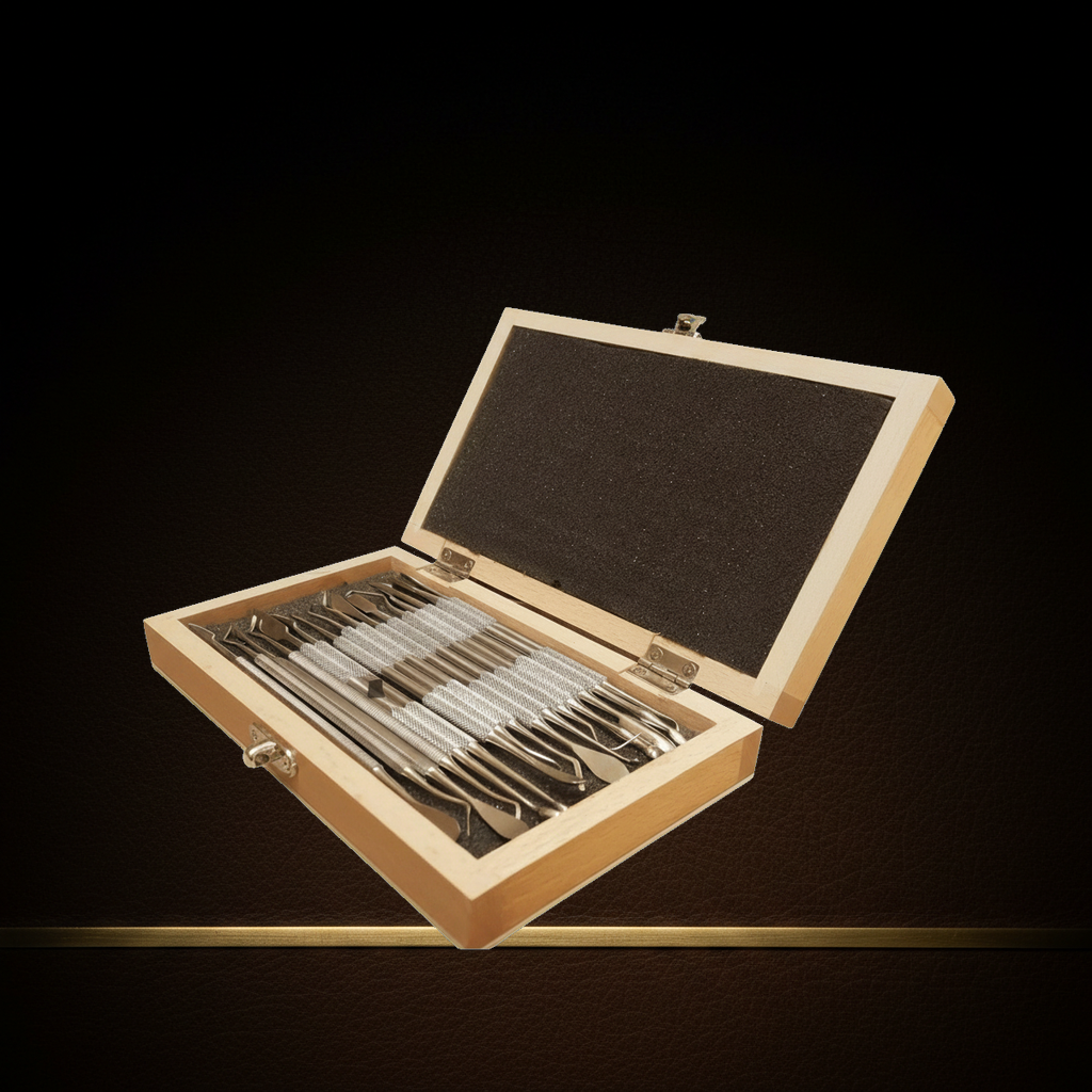 stainless steel wax clay carver set 16 double ended tools in wooden box — Dental Bench
