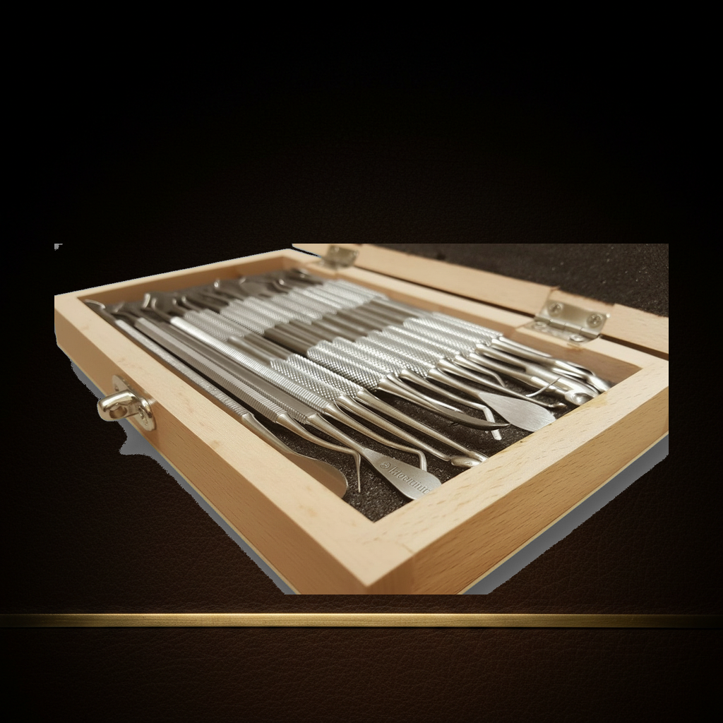 stainless steel wax clay carver set 16 double ended tools in wooden box — Dental Bench
