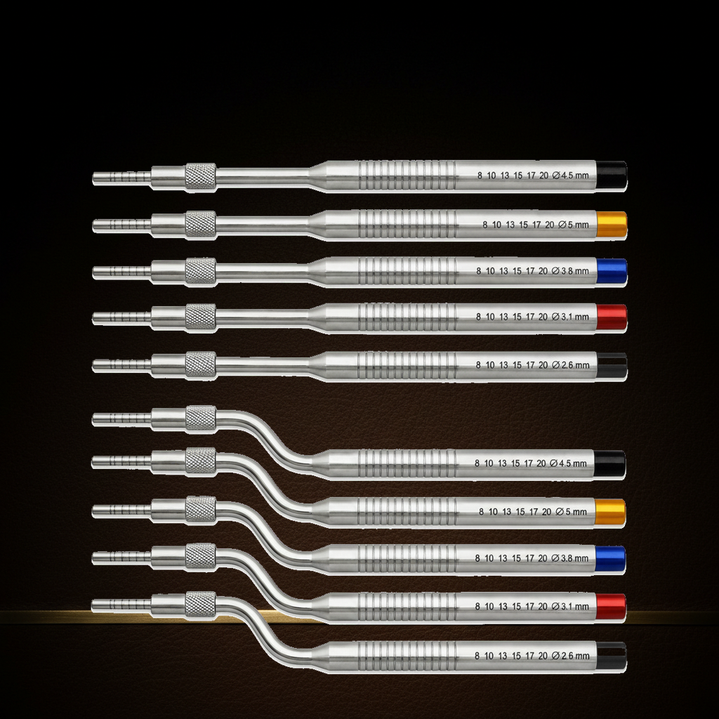 dental sinus lift osteotome set 10 straight offset convex instruments in leather — Dental Bench